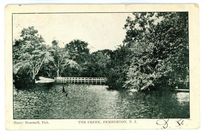 Pemberton - Apparently the North Branch of Rancocas Creek with what looks like a bridge across it - Harry Hammell - c 1910